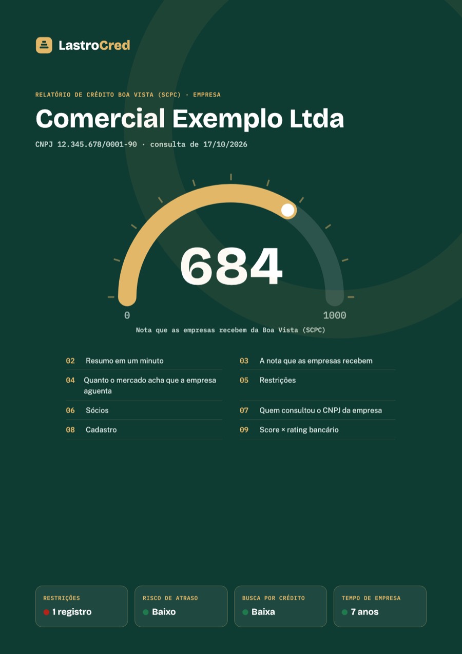 Capa de um Diagnóstico Empresa de exemplo, com o score 684 num velocímetro